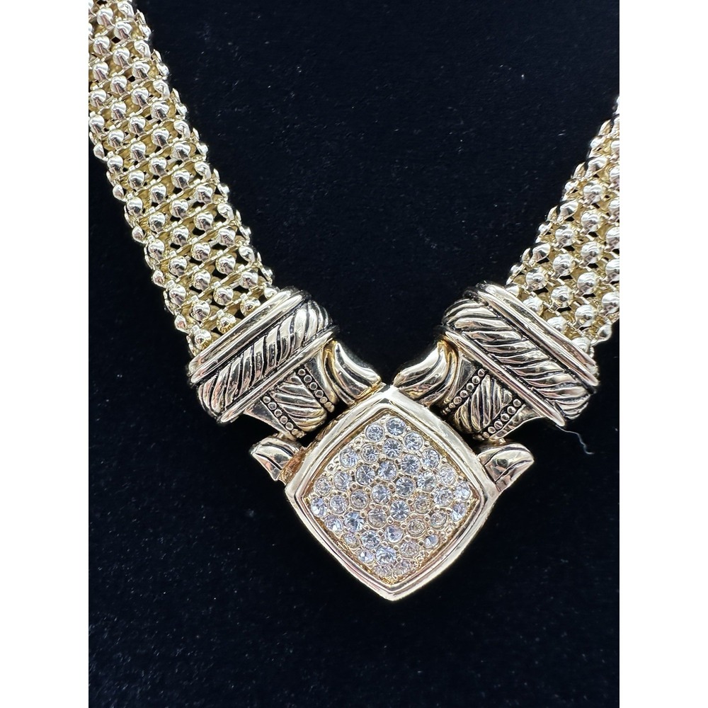 Necklace Choker Rhinestone Front Lock Gold Tone Mesh Chain Magnetic Clasp - Picture 3 of 8